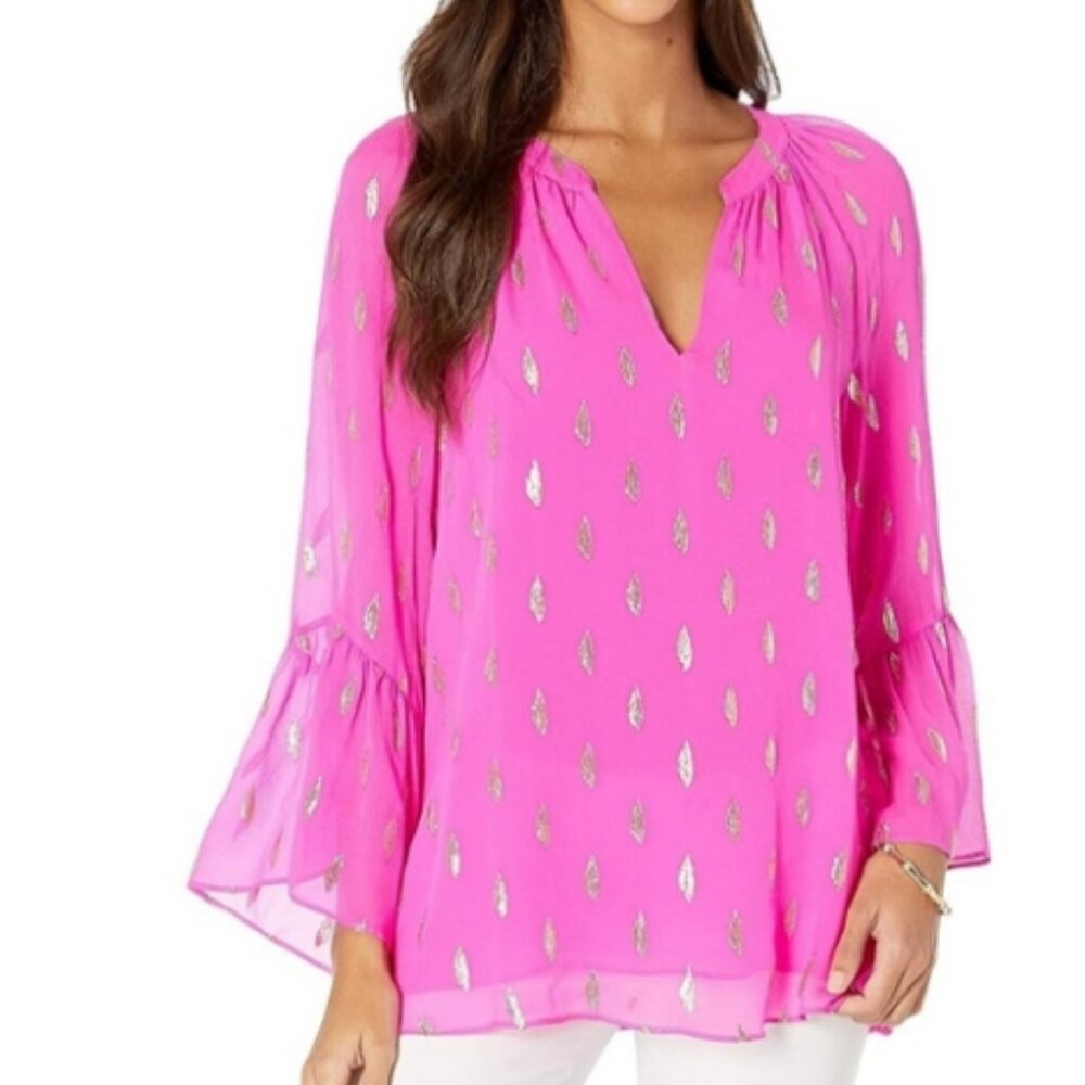 Lilly Pulitzer Raz Berry Diamond Metallic Matilda Silk Top Sz Med